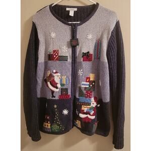 Christmas Sweater XL Zip Ugly Cardigan Santa Gifts Applique Dress Barn Holiday
